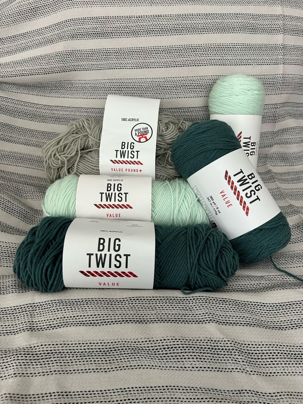 Big Twist Value Acrylic Yarn Bundle in Dark Teal, Mint & Light Gray